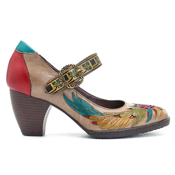 SOCOFY Knöchelhohe Leder Pumps mit mittlerem Absatz Socofy Damen Mary Jane Pumps, Leder Schuhe mit Absatz