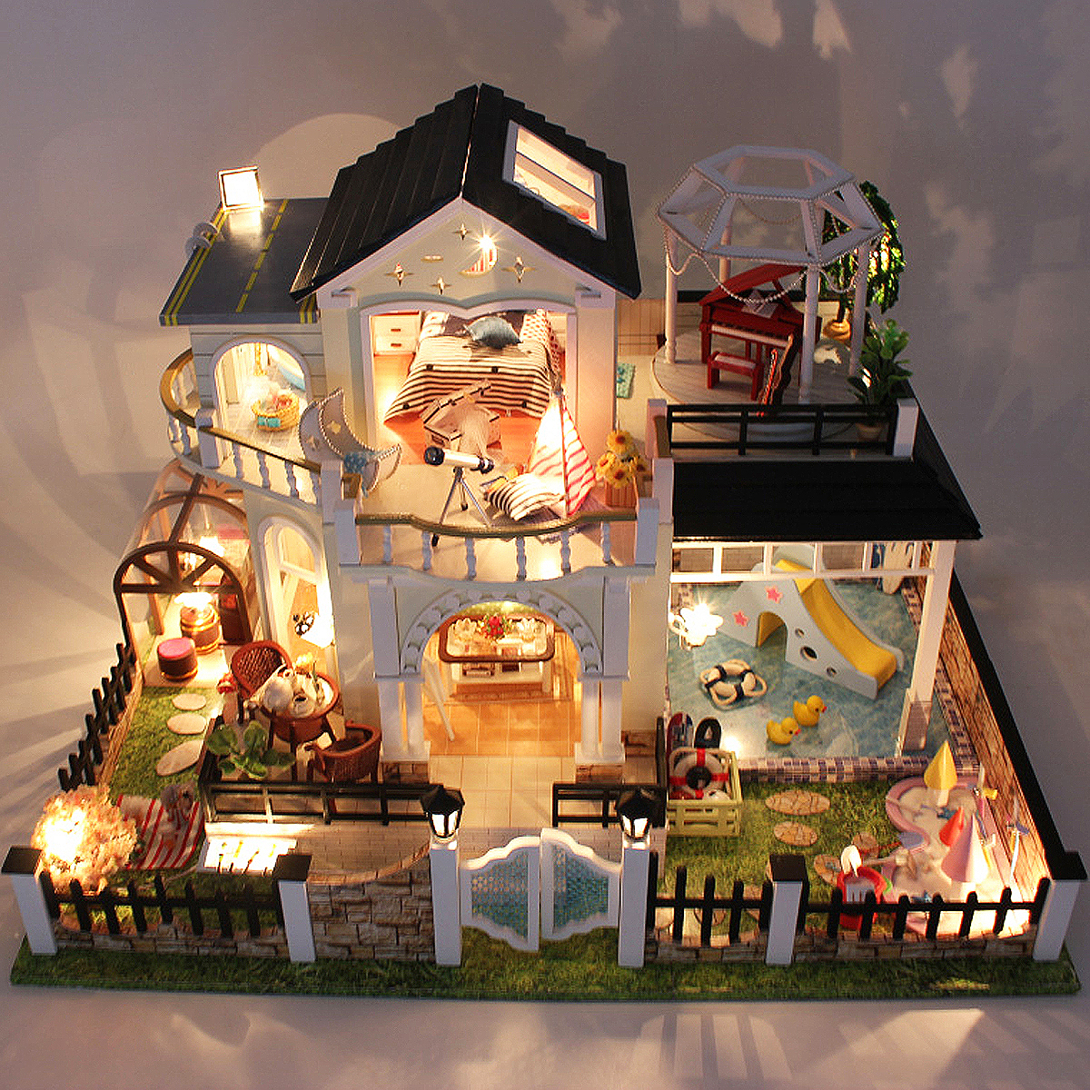 Diy Doll House Music+led Light Villa Model Building Kit Wooden