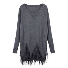 Maglione di colore puro con orlo a frange patchwork da donna