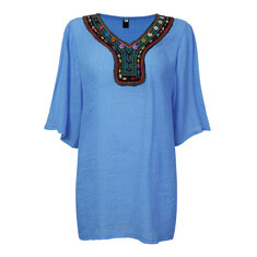 Plus Size Beaded Ethnic Vintage Loose Blouse