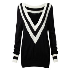 Maglioni sexy vento del blu marino a righe collo profondo di v manicotto lungo casuale maglia