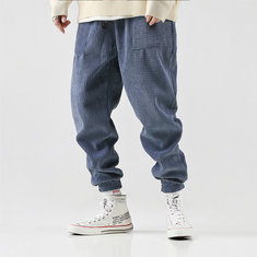 Mens Corduroy Vintage Jogger Pure Color Elastic Waist Pants