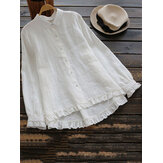 Plus tamanho elegante manga comprida babados blusa de algodão de bainha