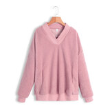 Damen Lässiges V-Ausschnitt Long Sleeve Solid Fleece Sweatshirt