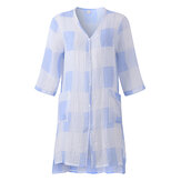 Loose Summer Women Cardigan Vintage Plaid ondulado Blusa média