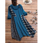 Knopfdruck Plaid Patchwork Asymmetrische Plus Größe Bluse