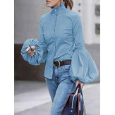 Dames Pofmouwen Hoge hals Ruchesblouse Werk Elegant shirt