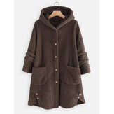 Beiläufige Knopf-Vlies-Taschen-mit Kapuze Mäntel