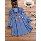 Original
Camisas de mezclilla con solapa bordada de flores de talla grande vendimia