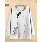Camicie casual camicetta O-collo stampa gatto pulsante Cartoon