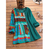 Corduroy Vintage Print Patchwork Long Sleeve Blouse