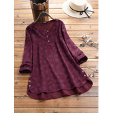 Vintage Jacquard Side Button Irregular Hem Blouse