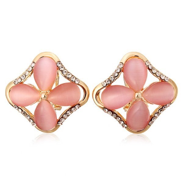 Multicolor Crystal Square Opal Flowers Ear Stud Earrings Gold Plated