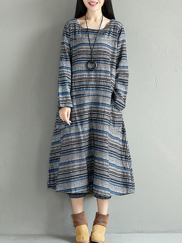 Vintage Women Long Sleeve Striped Scoop Neck Midi Dress with Pockets