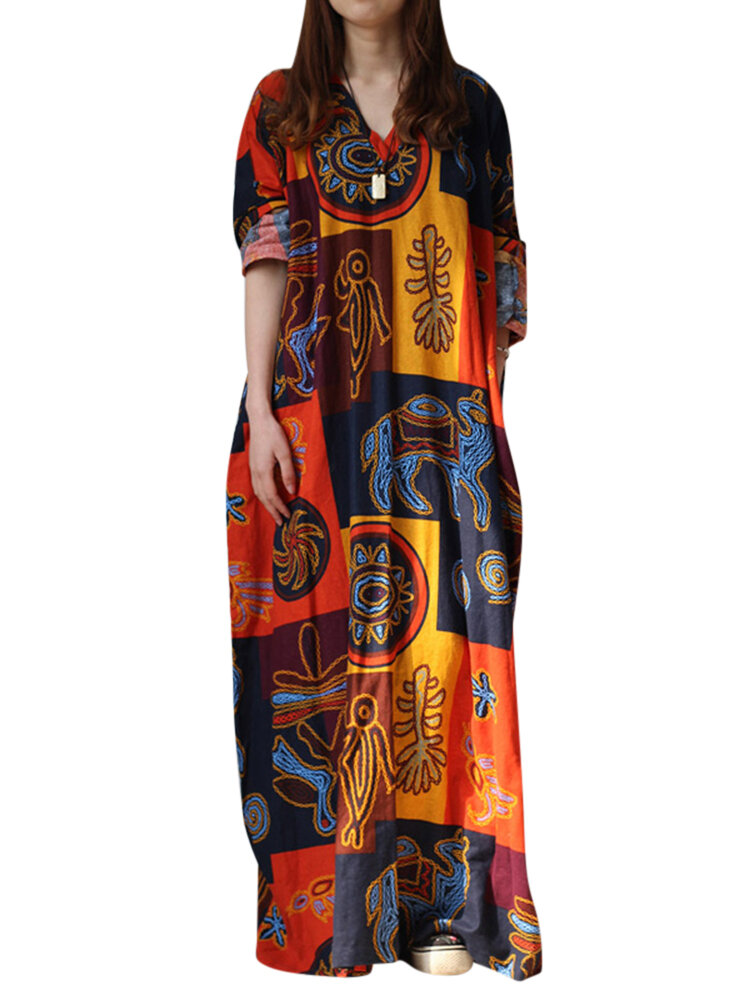 Mulheres &eacute;tnicas aleat&oacute;ria Padr&atilde;o impress&atilde;o vestidos longos com decote em v
