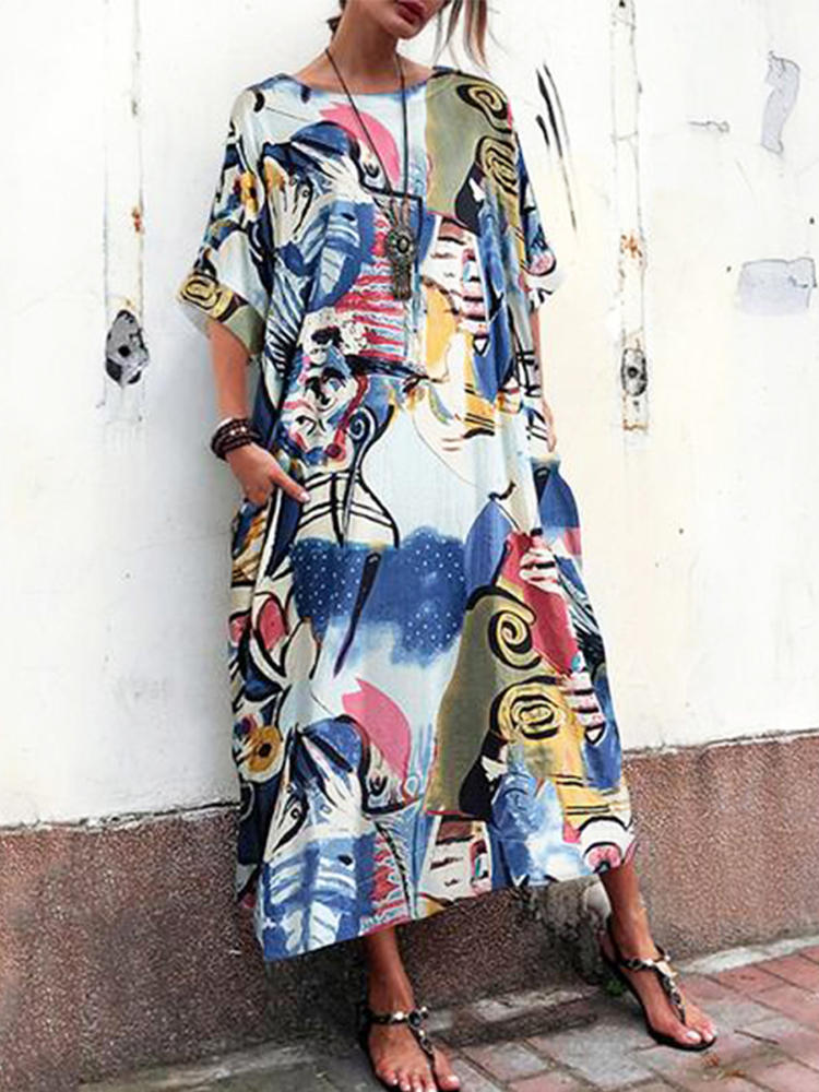 Mujeres Retro de manga corta con cuello en O suelto estampado floral largo Maxi Vestido Mujeres Retro de manga corta con cuello en O suelto estampado floral largo Maxi Vestido
