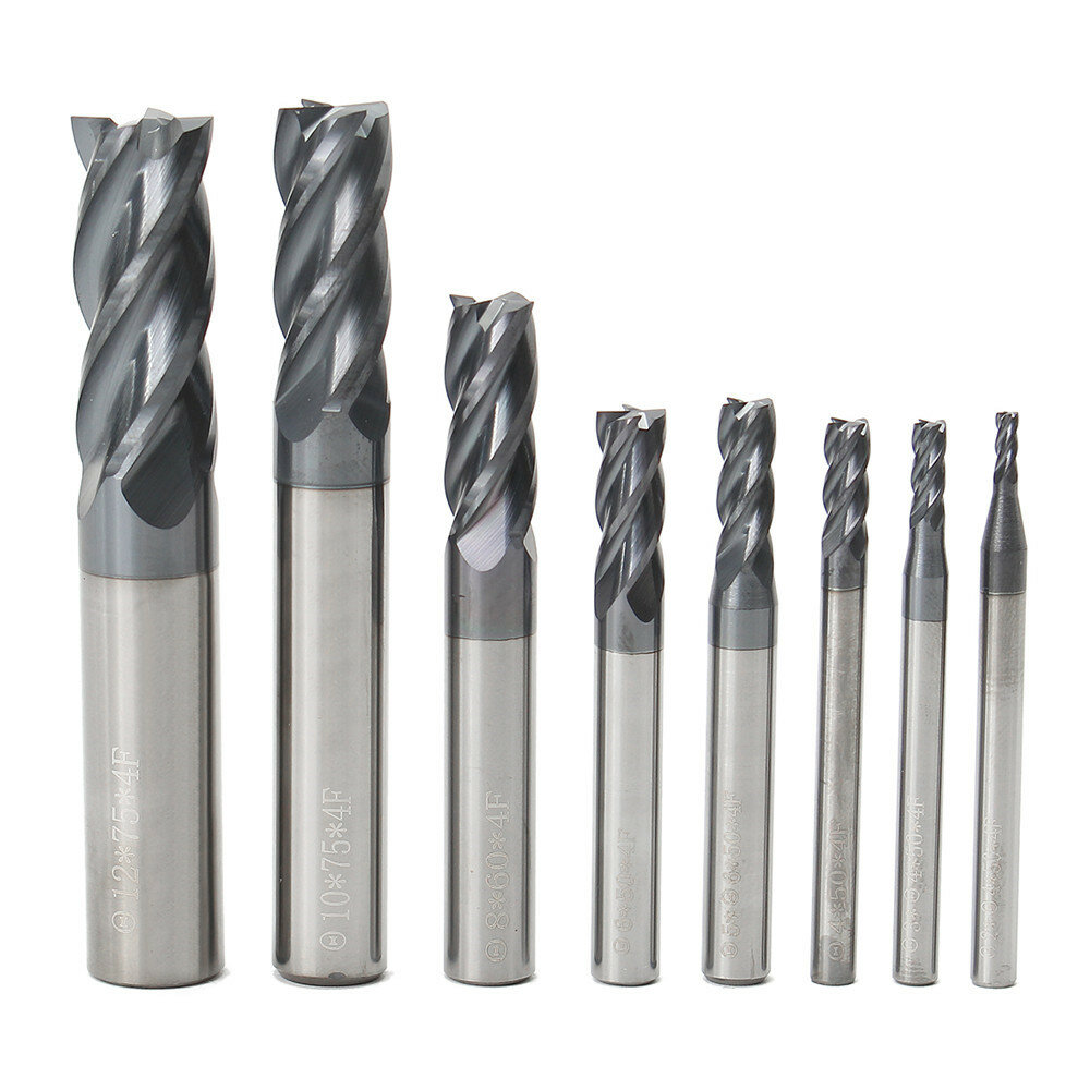 Drillpro 8個2-12mm 4フルート超硬エンドミルセットタングステン鋼フライスカッターツール