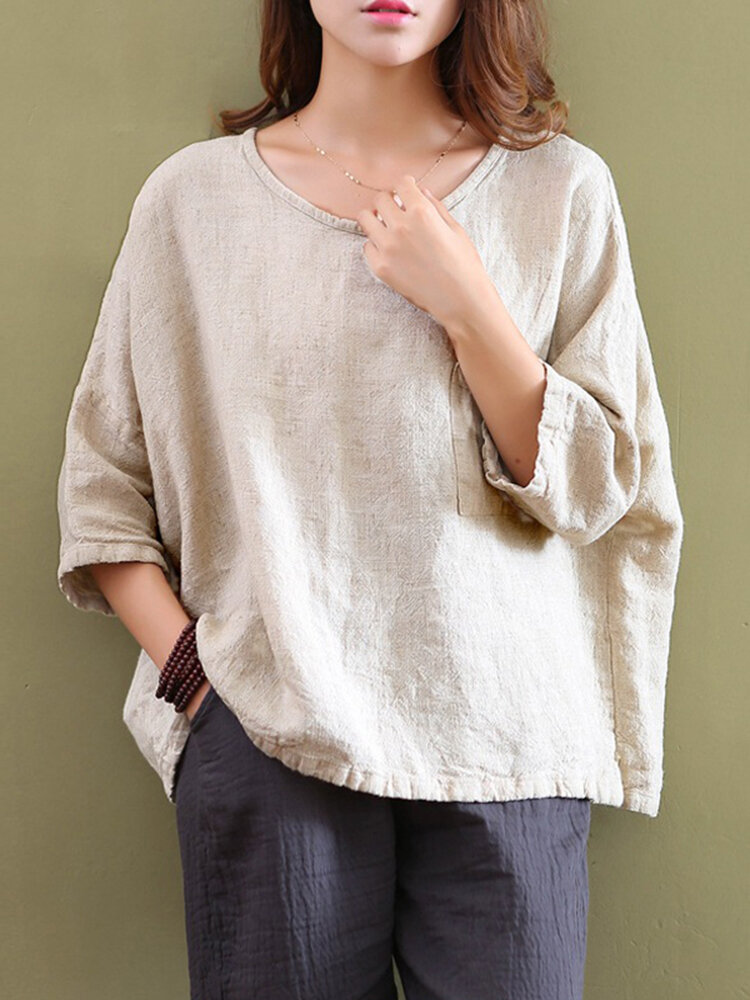 Donne casuali donne in pura tasca 3/4 manica in cotone Top