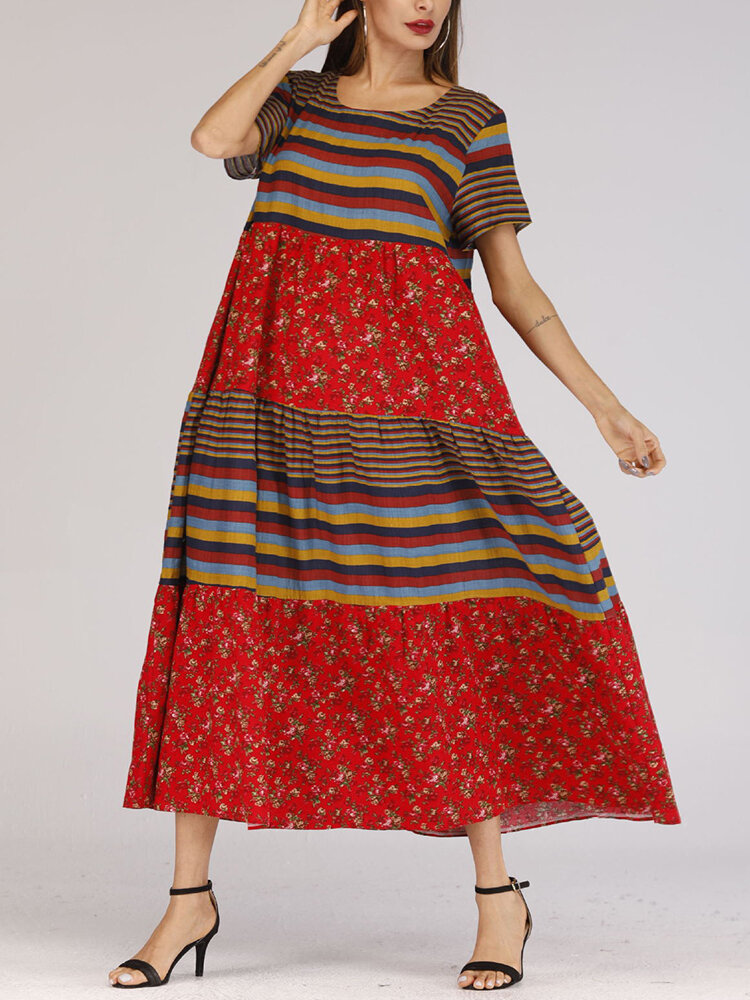 Ethnic Style O-neck Short Sleeve Women Long Dress