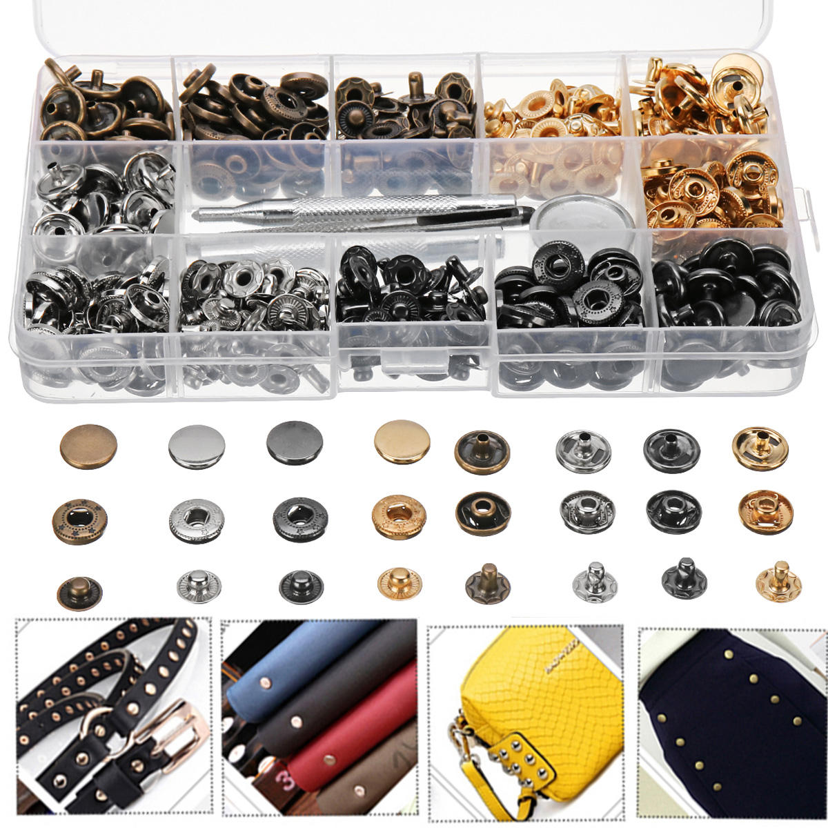 40100 Set Remaches Diy Sujetadores Artesanales De Cuero Botones Cobre Press Studs Silver Bronze Rivets Con Herramientas