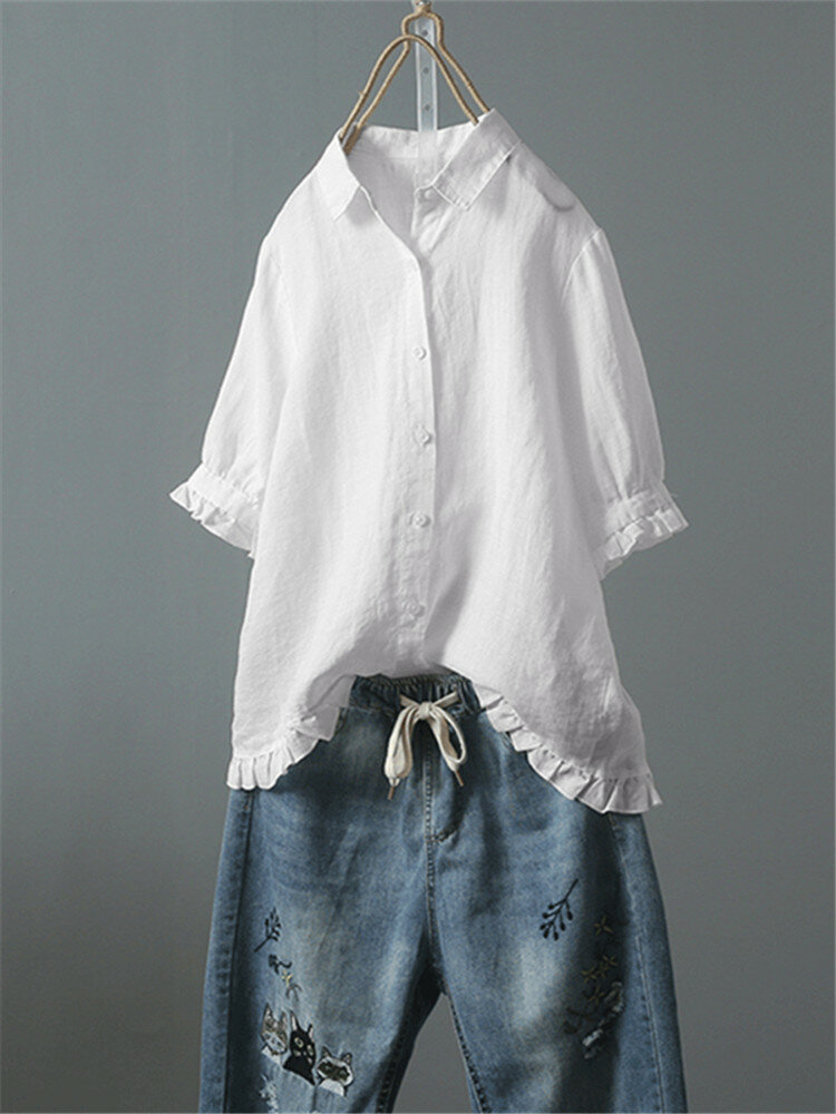 Kobiety Vintage Button Turn Down Collar Koszulki p&oacute;ł rękawa w jednym kolorze