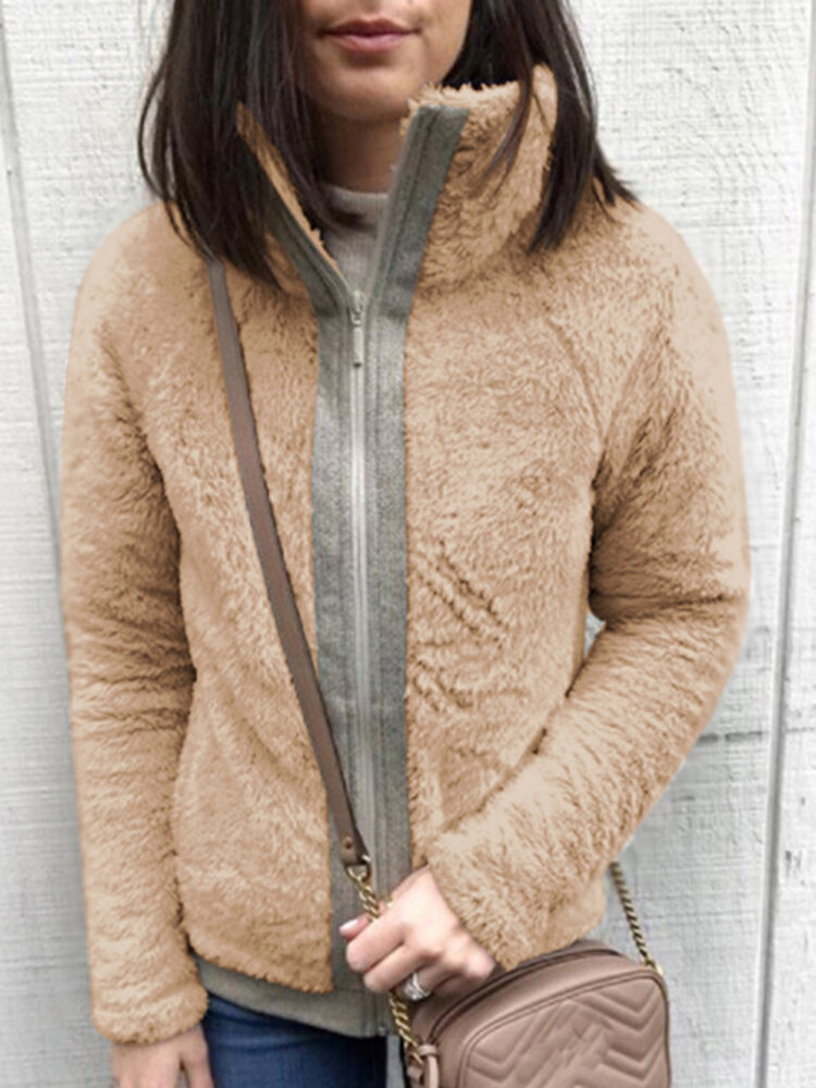 Casual Women Fleece Thick Stitching Stand Collar Long Sleeve Coats