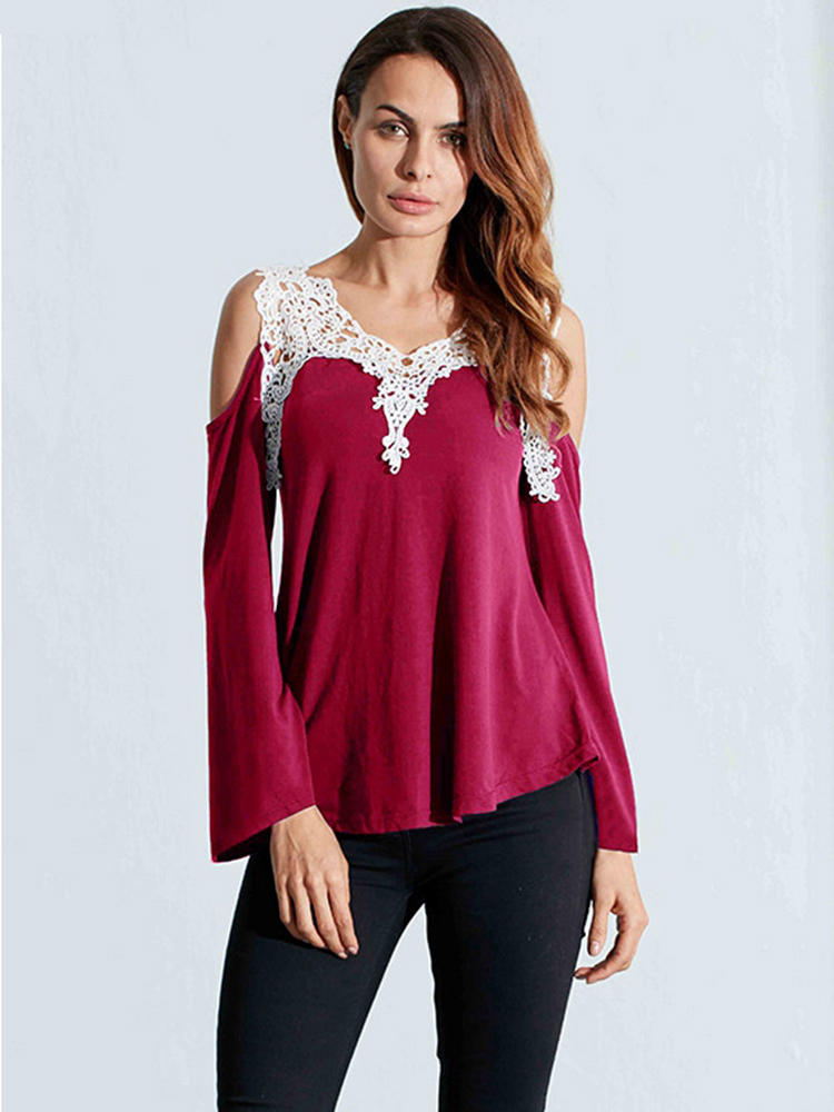 Sexy Women Lace Patchwork Hollow Crochet Off Shoulder Solid T-Shirt