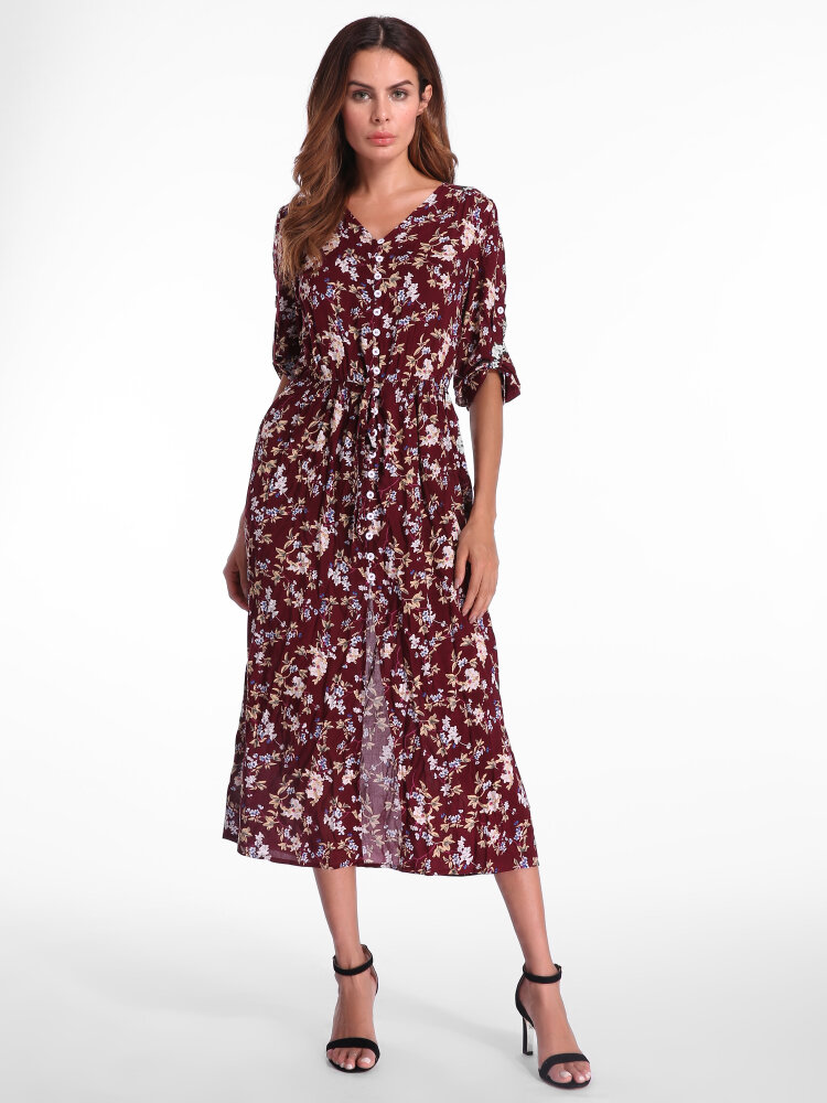 Bohemian Floral gedruckt lose 3/4 &Auml;rmel Maxi Kleid