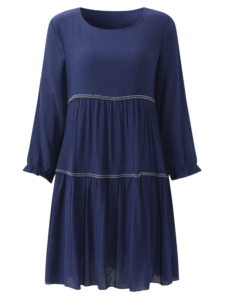 Vestito pieghettato puro di colore del o-collo manicotto della lanterna delle donne casuali