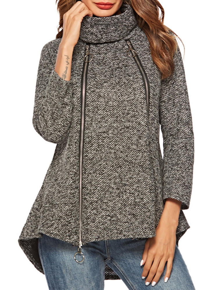 女性ジッパースタンドカラー非対称裾ロングスリーブコート