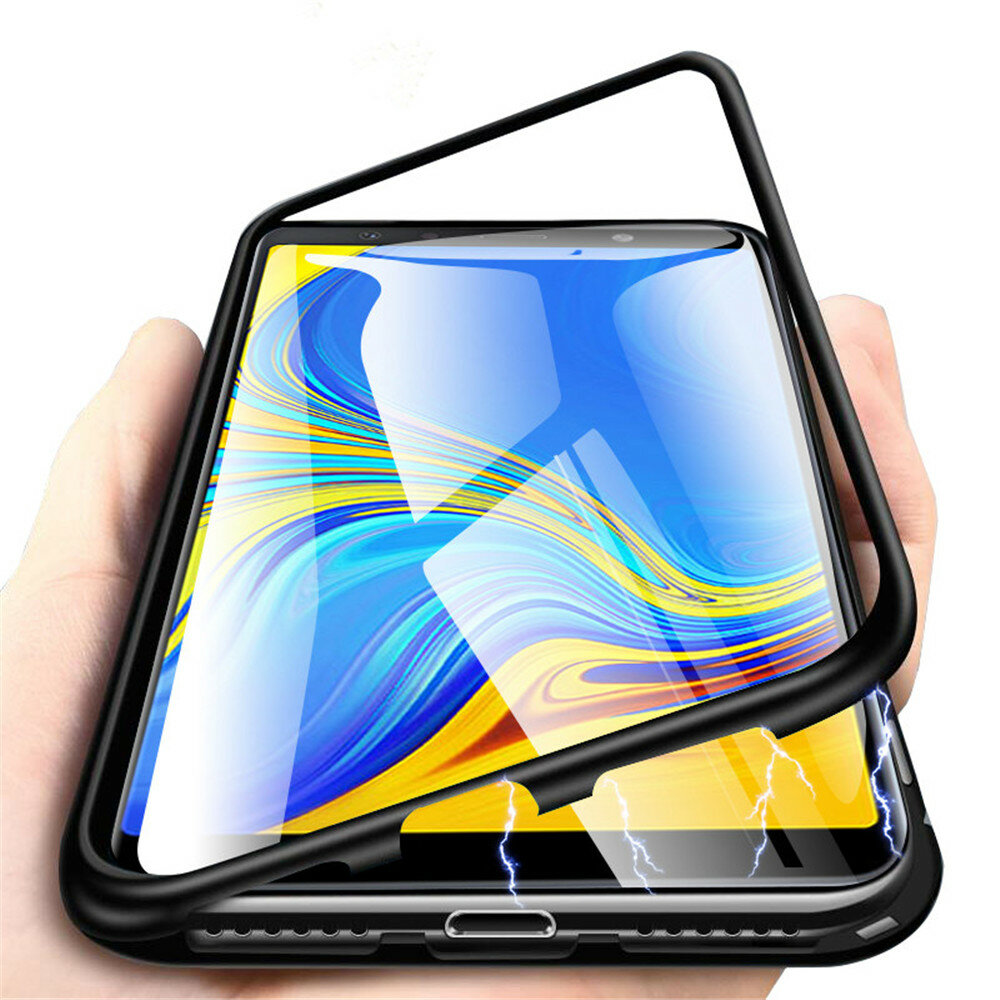 Bakeey ™ الامتزاز المغناطيسي فليب الإطار المعدني خفف من الزجاج الغطاء الخلفي للحالة Samsung A7 2018 غالاكسي