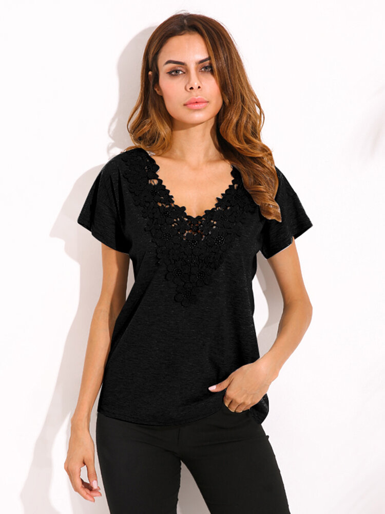 Plus Taglia S-5XL Donna Sexy Crochet V Collo Top T-Shirt