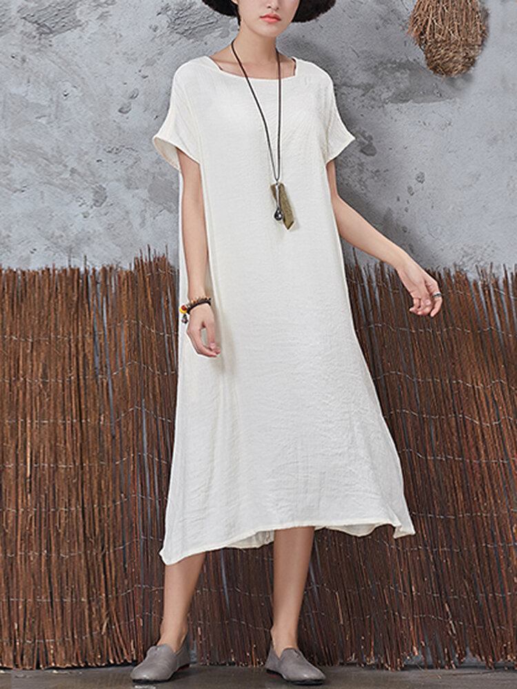 Casual Women Vintage Short Sleeve Pockets Dress