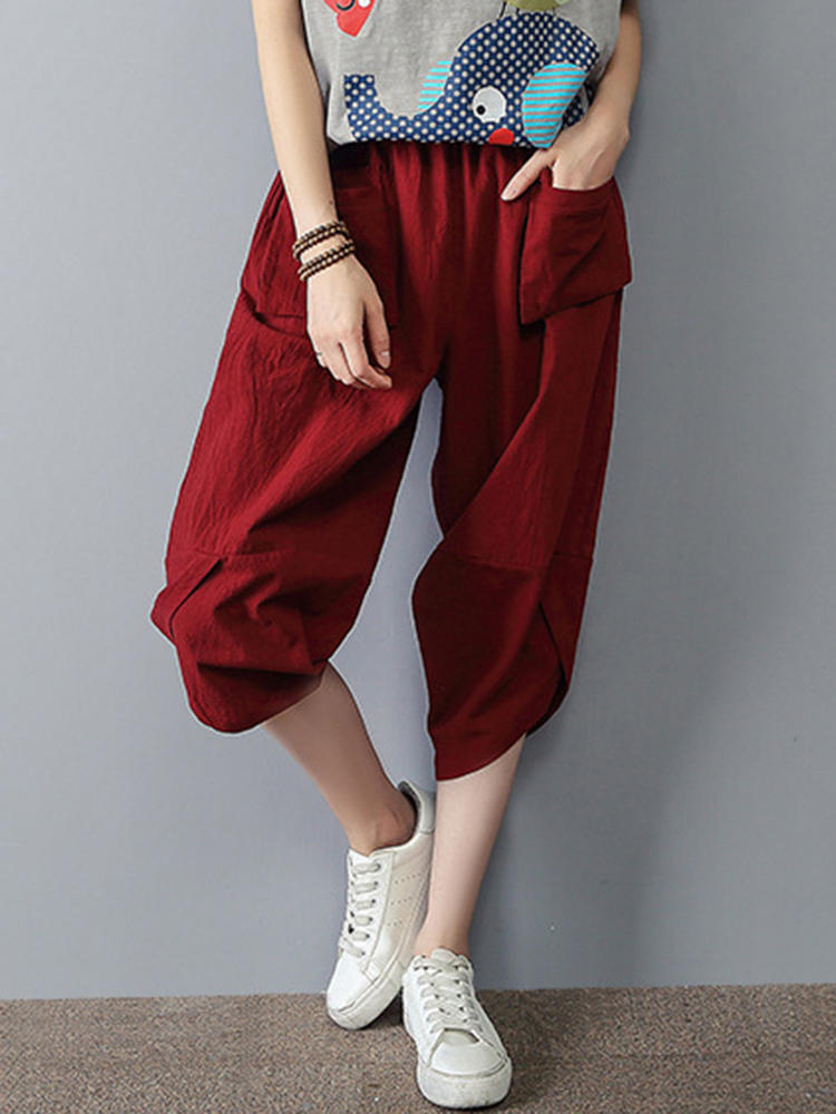 Casual Mulheres Cintura El&aacute;stica Pure Color Pocket Capri Cal&ccedil;as