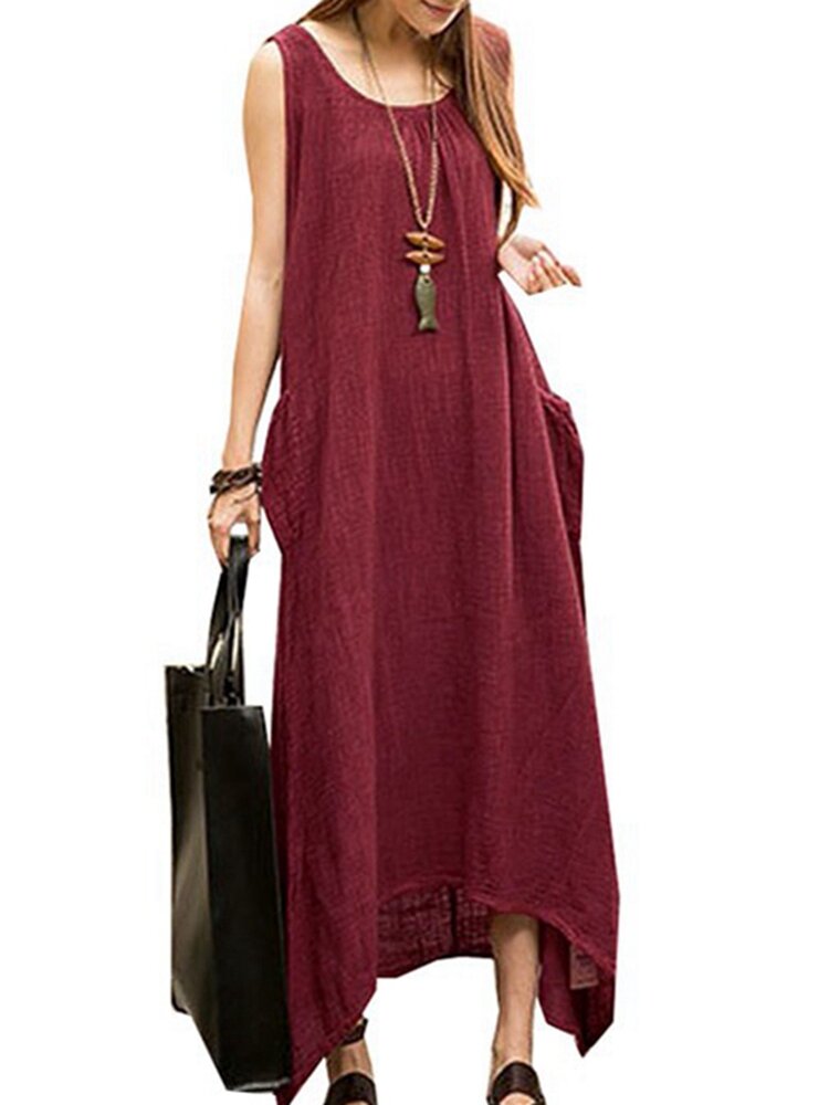 Vintage Casual Mulheres sem mangas High Low Cotton Maxi Dress