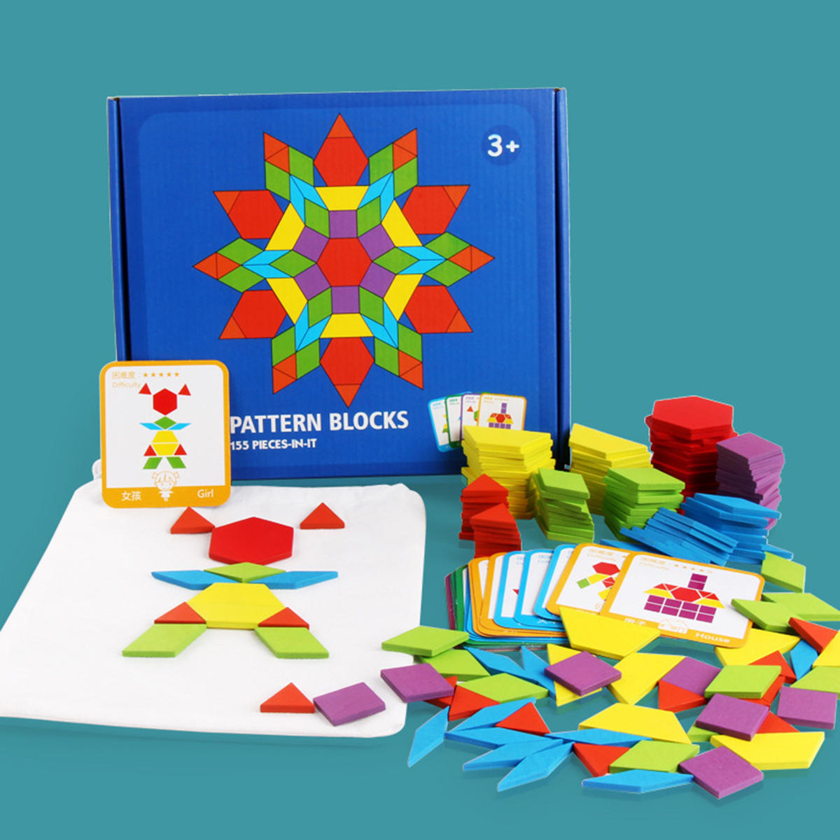 155pcs Wooden Pattern Puzzle Blocks Colourful Geometry Shapes Jigsaw Blocks Toy