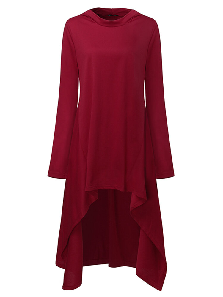 Casual Women Hooded Long Sleeve Pure Color Irregular Hem Mini Dress