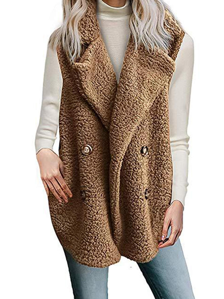 Dames Casual Herfst Winter Effen kleur Mouwloze vest met fleece knopen