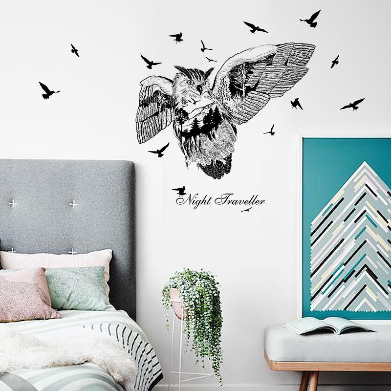 Bureau Bird De Créatif Sticker Hibou Bande Décoration Vidéo Silhouette Dessinée Noir Autocollant Chambre Salon Jungle Mural 8PknOwX0