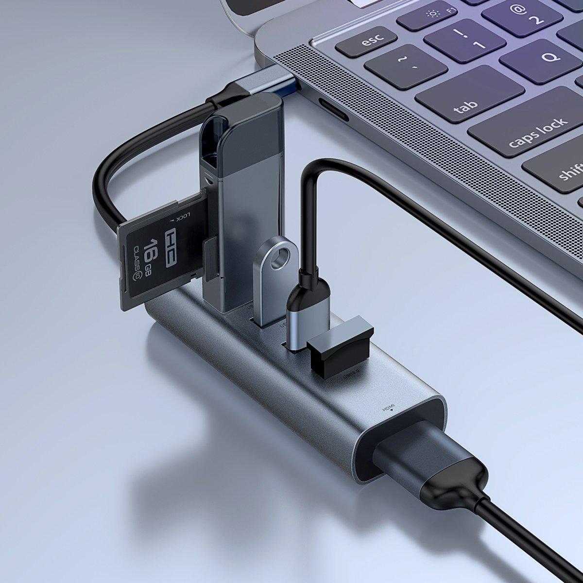 Baseus 5-in-1 USB-C Type-C Hub محول مع 4 منافذ USB 3.0 + 4K @ 30Hz عالي الوضوح عرض وحهة المستخدم لـ Type-C ذكي الهواتف Samsung Huawei