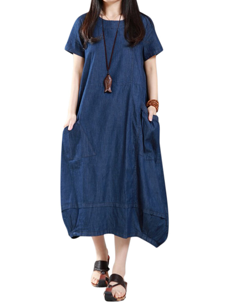 Casual Women Loose Denim Pockets Lantern Maxi Dress