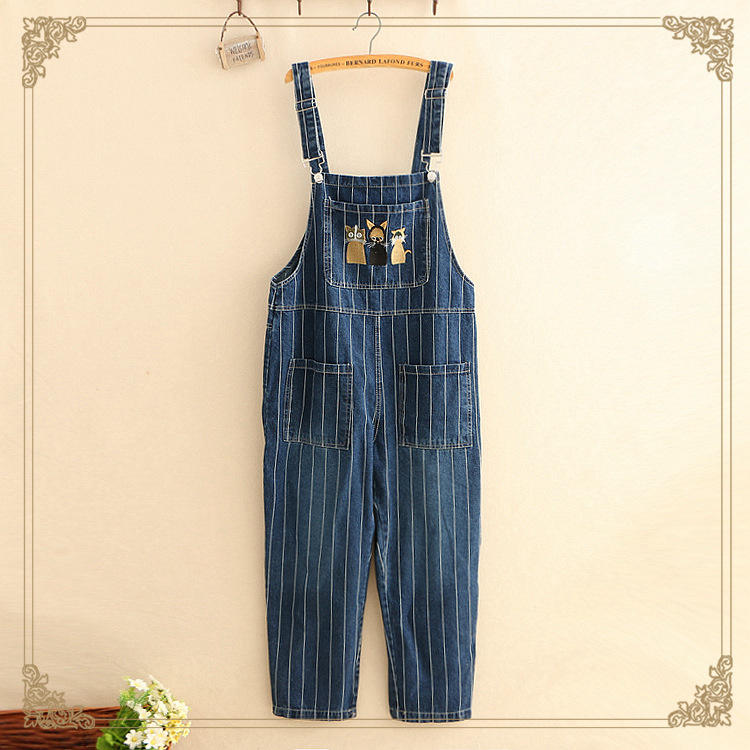 Kadın Pamuklu Denim Çizgili Kedi İşlemeli Karikatür Tulum Kadın Pamuklu Denim Çizgili Kedi İşlemeli Karikatür Tulum