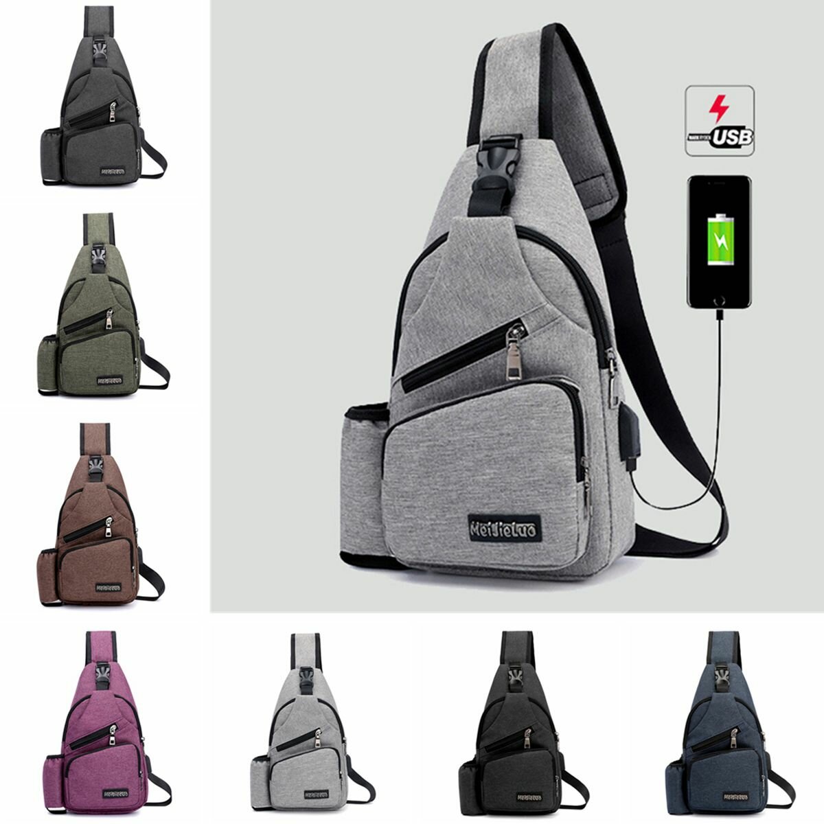 Men Casual Chest Bag Outdoor Travel Fashion Crossbody Sling Bag with USB Port