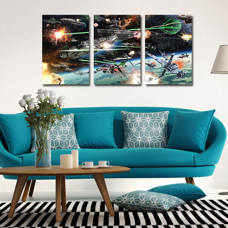 Miico Hand Painted Three Combination Decorative Paintings Spaceship War Wall Art For Home Decoration
