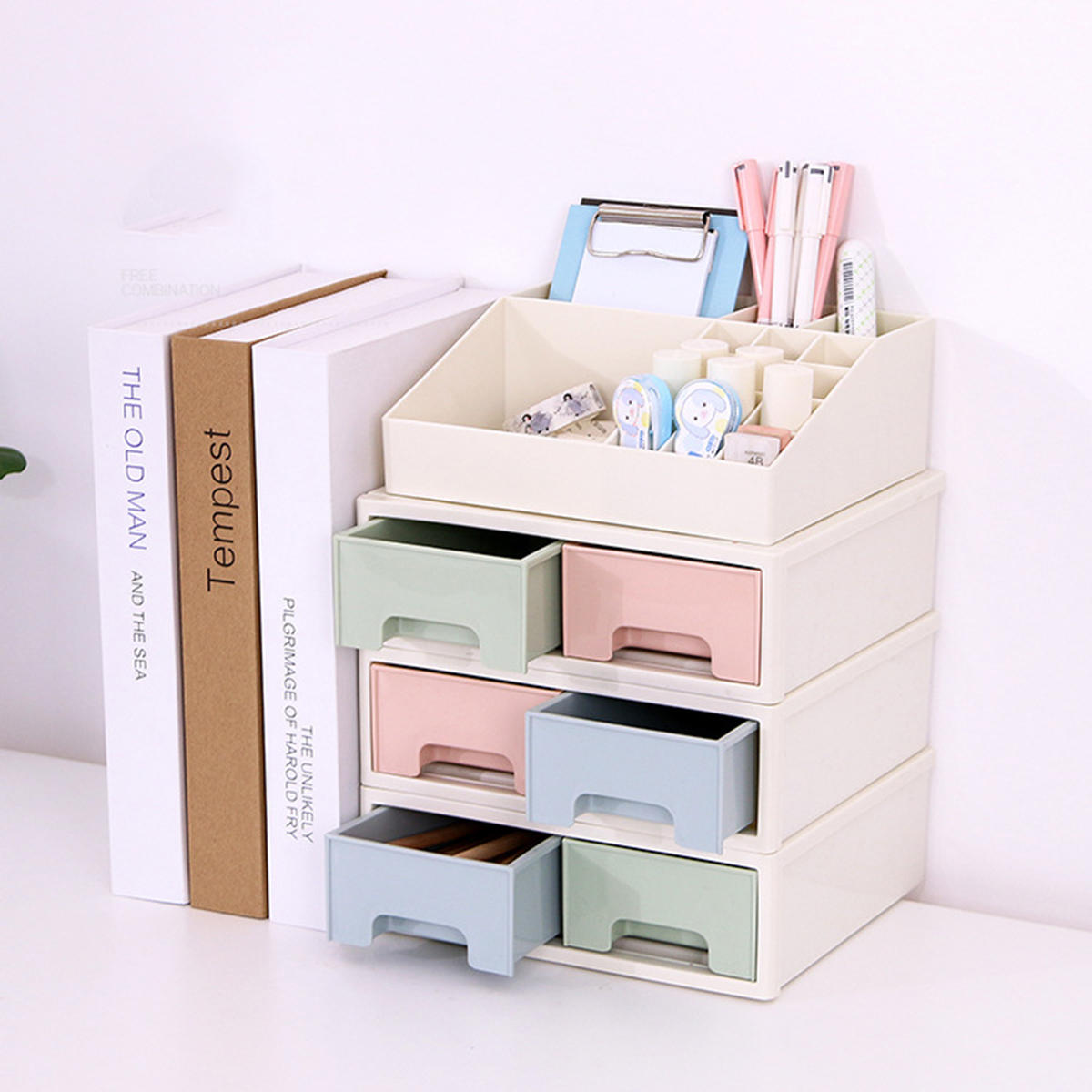 Plastic Drawer Makeup Storage Box White Top Grid Organizer Bedroom