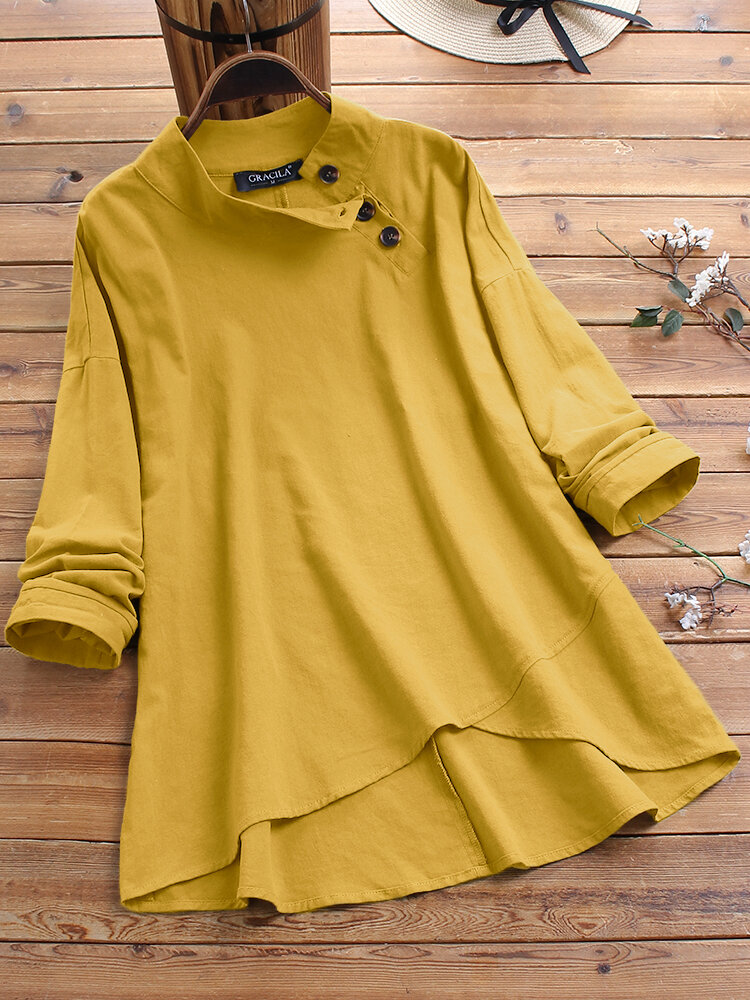 Women Solid Color Irregular Button Long Sleeve Blouse
