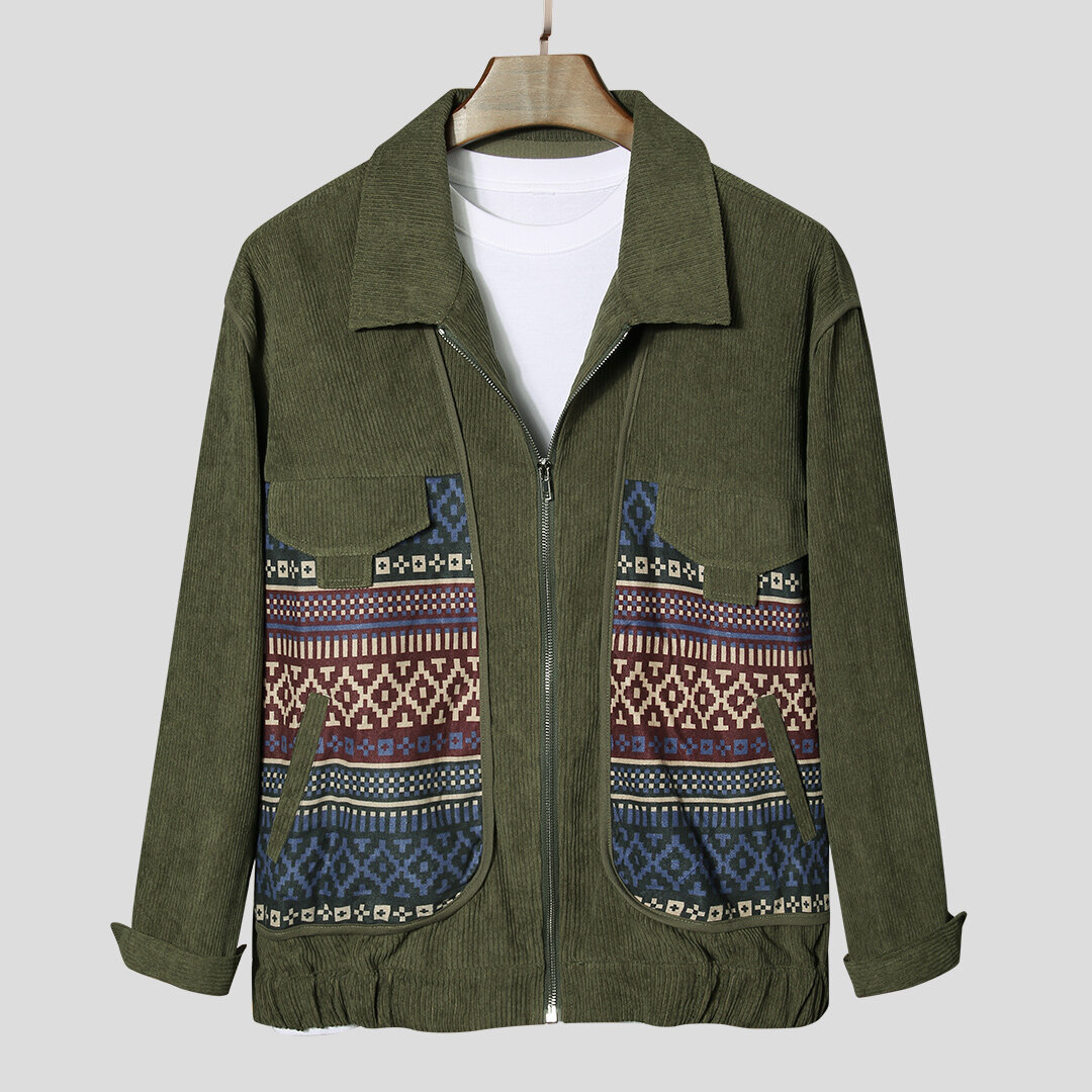 Mens Corduroy Printing Pattern Long Sleeve Thick Zipper Casual Jacket