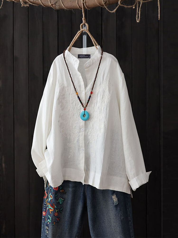 خمر المرأة عارضة مطرزة زر كم طويل بلوزة