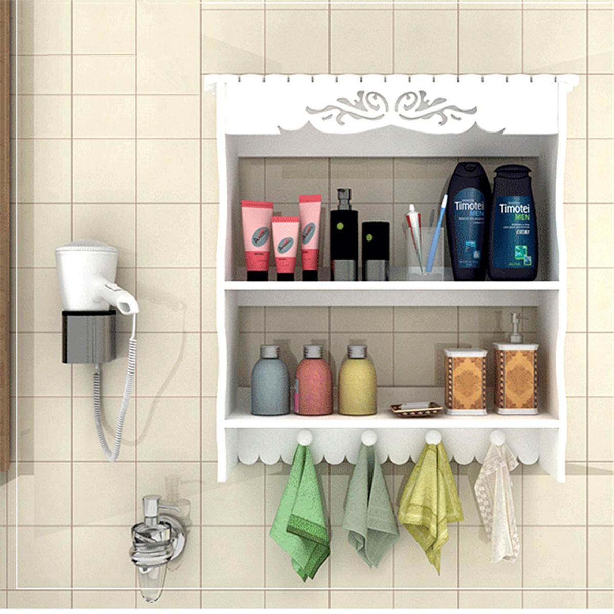 2 Tiers Wall Mounted Bathroom Shelf Towel Hooks Organizer Home 2 Tiers Wall Mounted Bathroom Shelf