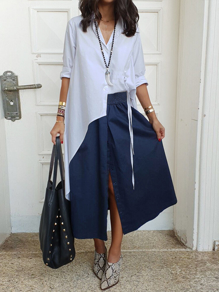 Kadın Uzun Kol Y&uuml;ksek D&uuml;ş&uuml;k G&uuml;nl&uuml;k Yaka D&uuml;ğmeler Down G&ouml;mlek Bluz 